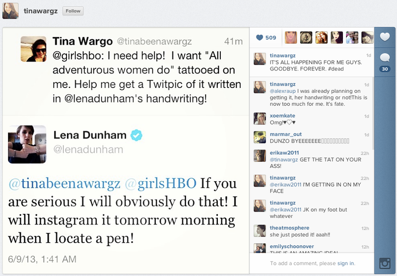 Illustration for article titled Lena Dunham Helps Fan Get an 'All Adventurous Women Do' Tattoo